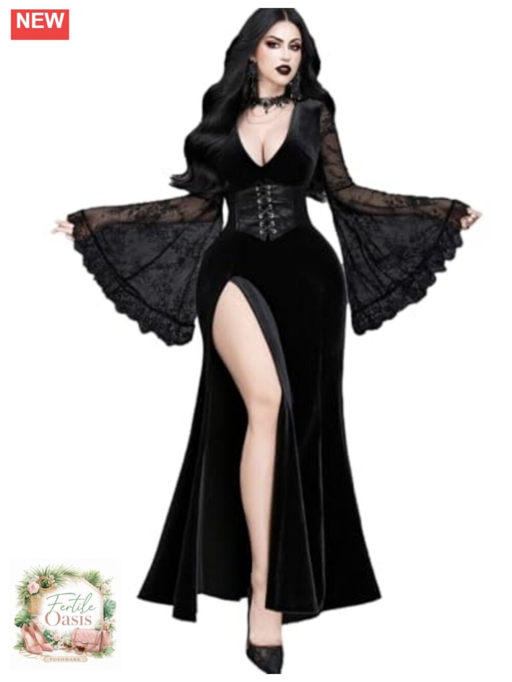 Gothic V-Neck High Slit Witch Sleeve Velvet Maxi Dress
